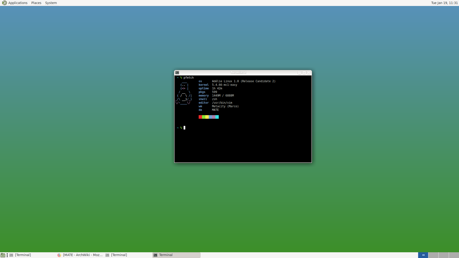 Adelie Linux - Mate Desktop - Mate Terminal - pfetch